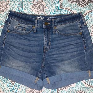 High-Rise Mid-Length Blue Denim Shorts